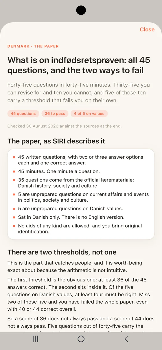 Belong Nordic guide open on Android: what is on indfødsretsprøven, all 45 questions and the two ways to fail