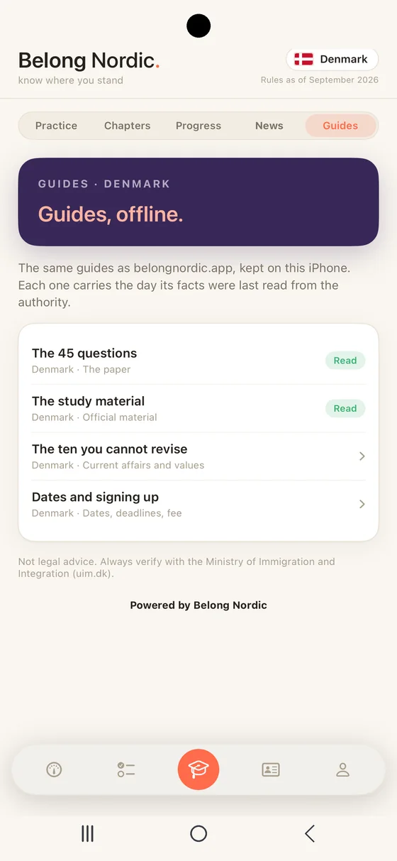Belong Nordic Guides segment on Android for Denmark with the plum band: four guides, two marked as read