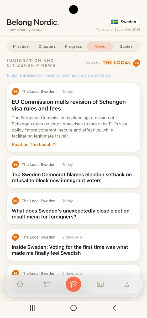 Belong Nordic News segment on Android with Swedish immigration and citizenship stories from The Local