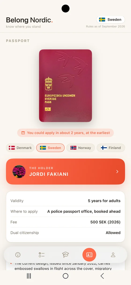 Belong Nordic Passport tab on Android with the Swedish passport cover and the holder's name