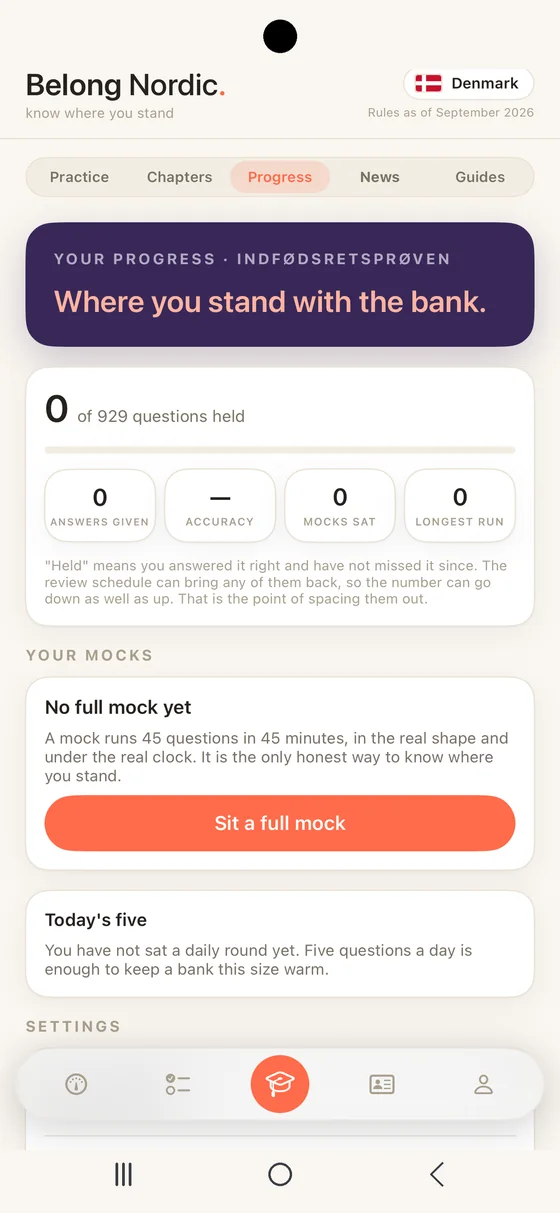 Belong Nordic Progress segment on Android for Denmark: questions held, accuracy, mocks against the pass mark and the chapters where you lose marks