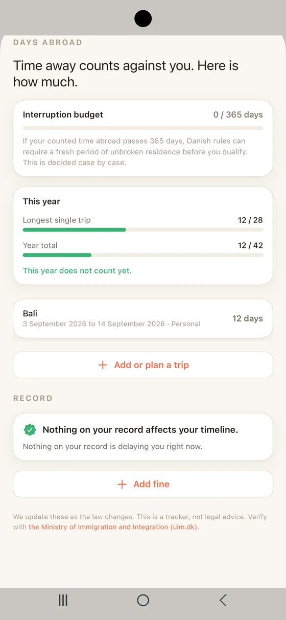 Belong Nordic Standing tab on Android with logged trips counted against the Danish limits