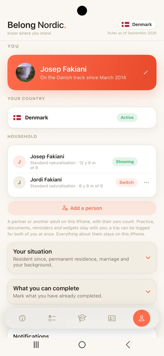 Belong Nordic You tab on Android with the Household section: a second person on the same phone