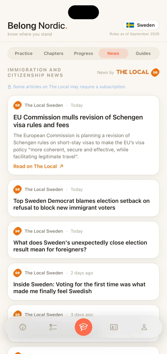 Belong Nordic News segment on iPhone with Swedish immigration and citizenship stories from The Local