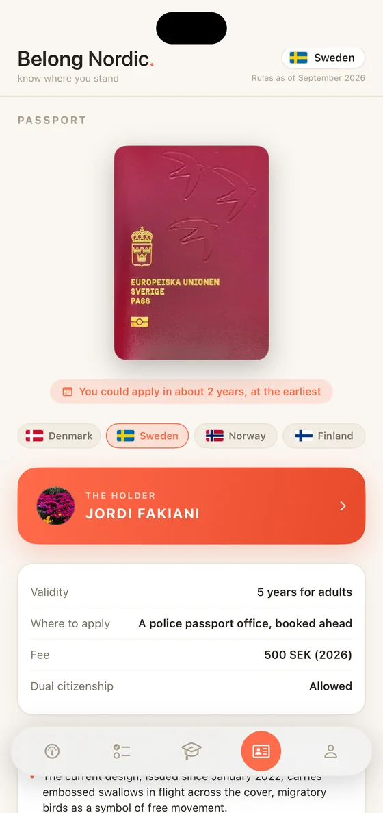 Belong Nordic Passport tab on iPhone with the Swedish passport cover and the holder's name