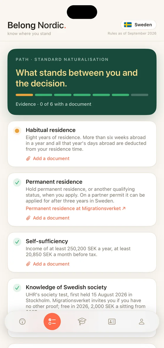 Belong Nordic Path tab on iPhone with documents attached to requirements