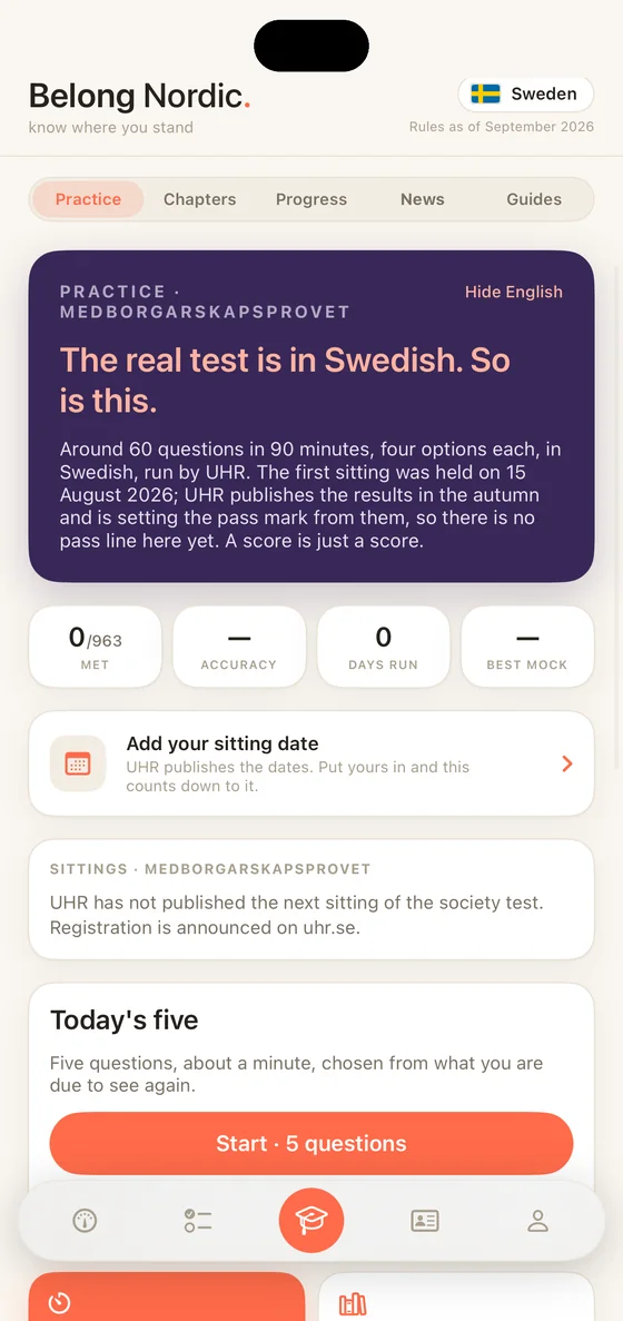 Belong Nordic Practice tab on iPhone for Sweden: Today's five, the sittings card with the next sitting and the last day to register, and the full mock under the real clock
