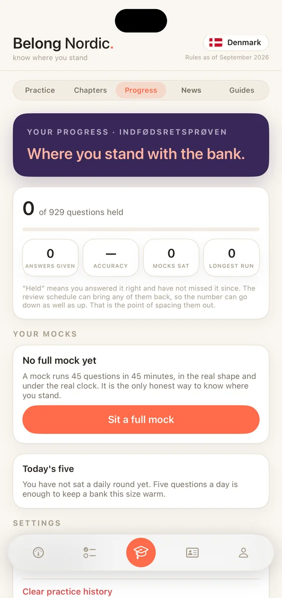 Belong Nordic Progress segment on iPhone for Denmark: questions held, accuracy, mocks against the pass mark and the chapters where you lose marks