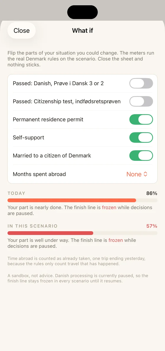 Belong Nordic What if sheet on iPhone running a scenario