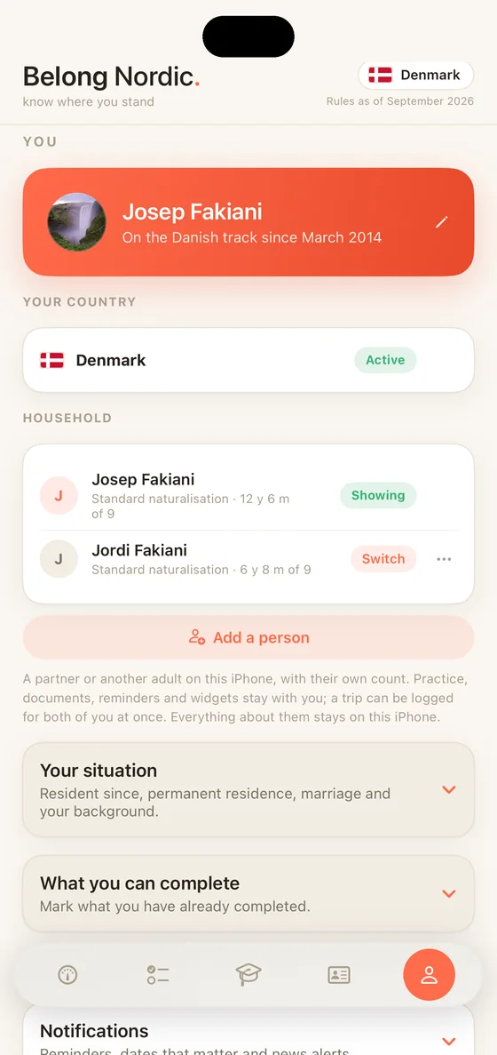 Belong Nordic You tab on iPhone with the Household section: a second person on the same phone
