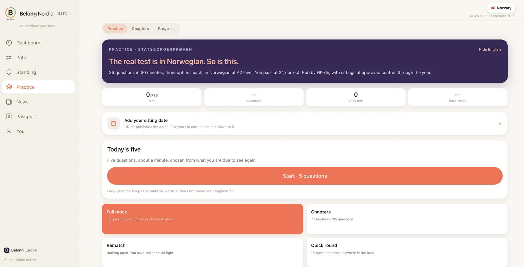 The Belong Nordic web app in a browser: the Practice tab for Norway with the plum band, the sitting date card, Today's five and the full mock